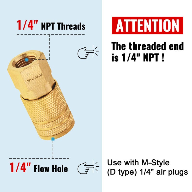 SUNGATOR 1/4'' Air Hose fittings, 10-Pack Brass 1/4 Inch NTP Female Industrial Coupler, 1/4'' Air Line Quick Connect Fittings for Auto Shop, Compressor Hose Repair Kit, 1/4 Inch NTP Coupler - Image 3